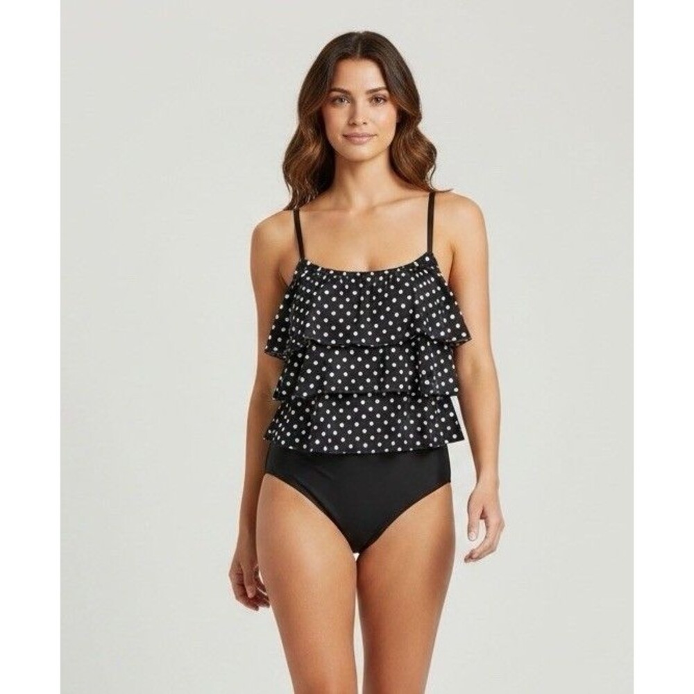 Retro Polka Dot Tiered Ruffle One Piece Swimsuit Longitude Black White Size 12